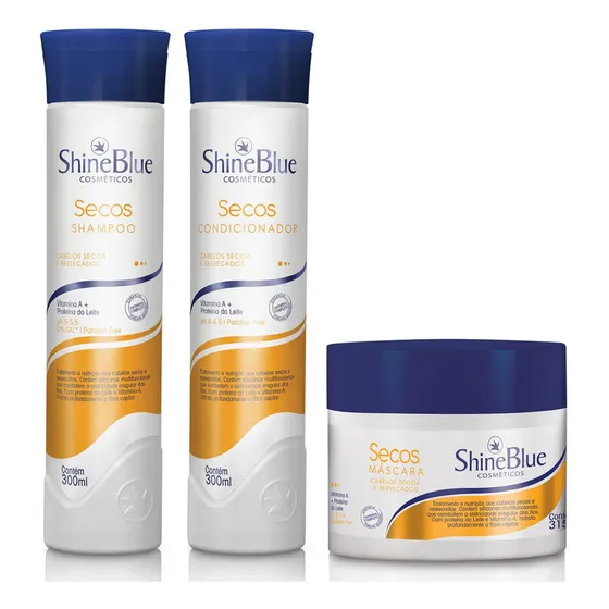 Kit Cabelos Secos Shine Blue Shampoo Condicionador Máscara