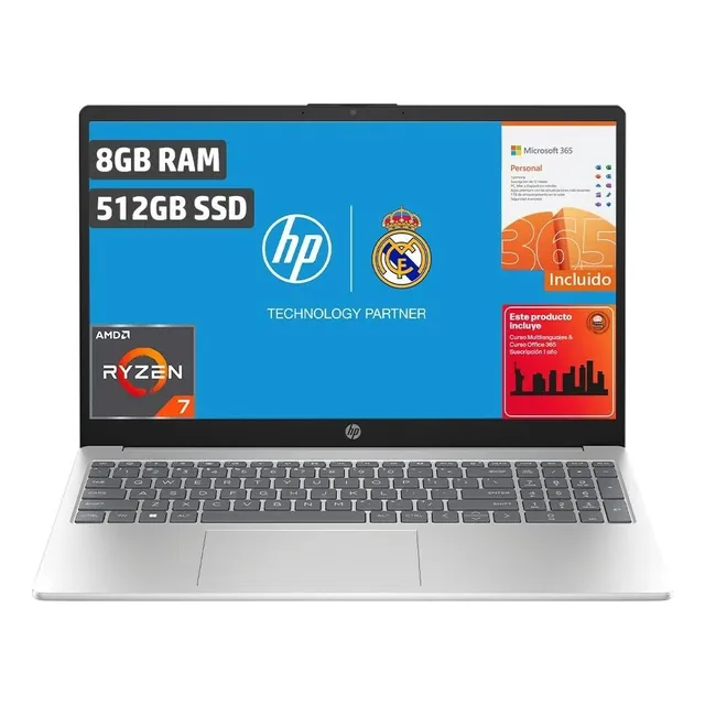 Hp Laptop Amd Ryzen 7 8gb 512gb Ssd 15.6 15-fc0081la Color Plateado