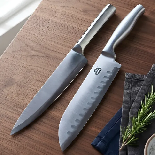 Set X2 Cuchillos Chef Santoku Cocina Cuchillas Acero Kingsta Plateado