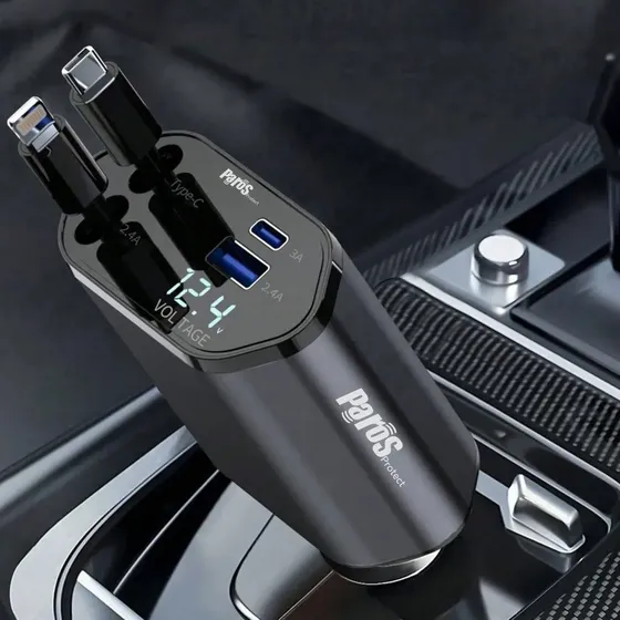 Carregador Veicular Retrátil Turbo 120W 4 em 1 Com Cabo Para iPhone e Samsung