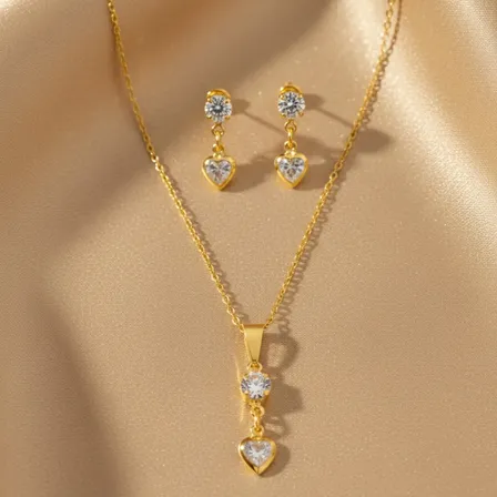 Conjunto Brinco E Cordão Ponto Luz E Coração Cristal A Ouro Dourado E Cristal