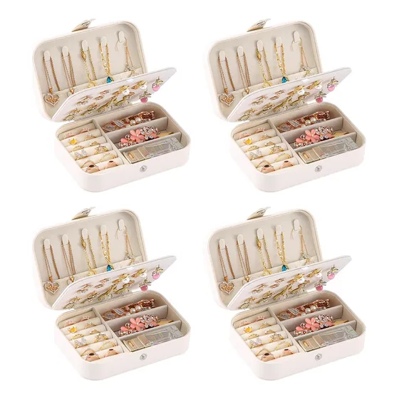 Banna 4pcs Joyero De Viaje, Pequeño Organizador De Joyas De Cuero Sintético Para Niñas, Mini Estuche Portátil De Doble Capa Para Guardar Aretes, Anillos Y Collares (blanco Brillante