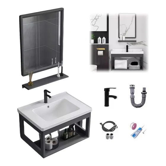 Lavabo De Marmol Espejo Baño Lavabo Moderno Con Espejo Kit Gris Cepillado