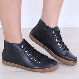 Bota Feminina Couro Legítimo Cano Curto Zíper E Cadarço