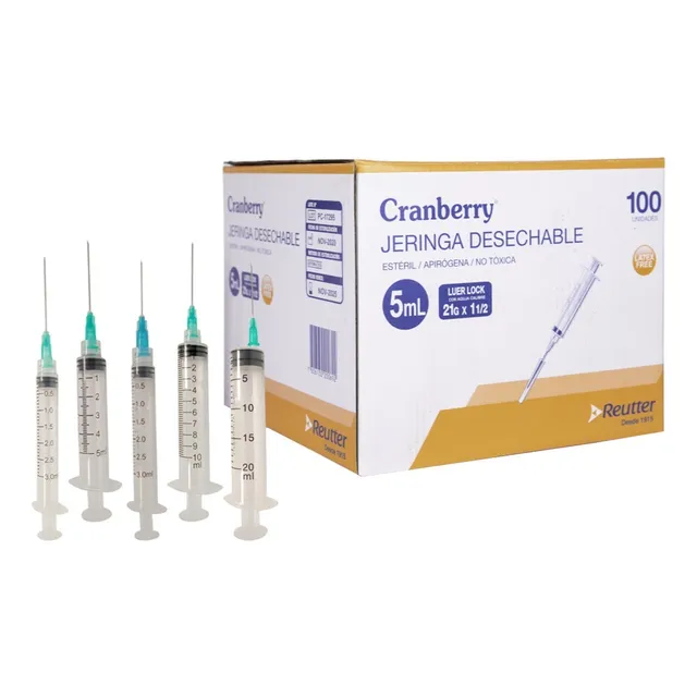 Jeringa Desechable Luer Lock 5 Ml 21 Gx 1 1/2 100 Unidades