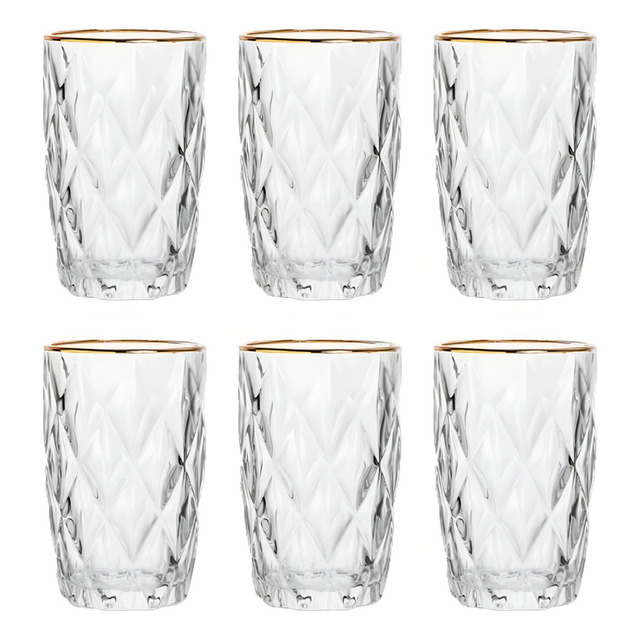Jogo 6 Copos Altos 350ml Borda Dourada Diamond Fio De Ouro Transparente Jogo 6 Copos Altos 350ml Borda Dourada Diamond Fio De Ouro Transparente