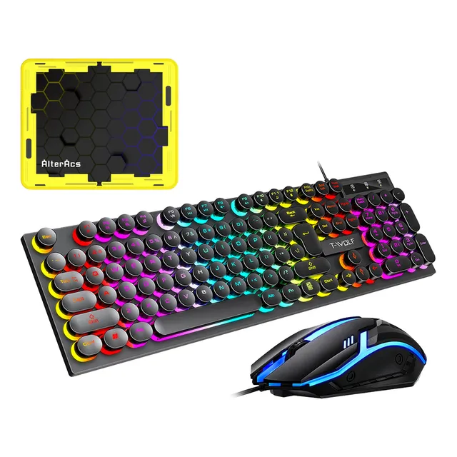 Wylxfg Kit De Teclado Y Mouse Gamer Tf270 Rgb Con Cable Usb-mecánic Conjunto de teclado y ratón para juegos, luminoso, retro punk, con teclas redondas, con cable, teclado y ratón negros
