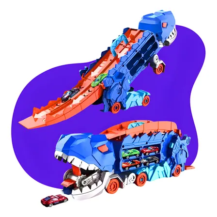 Pista Com 2 Carrinhos Caminhão T-rex Maleta Dinossauro - Azul