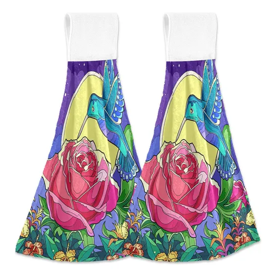 Colibri Rojo Rosa Luna Cocina Colgando Toalla Mano Hermoso 2