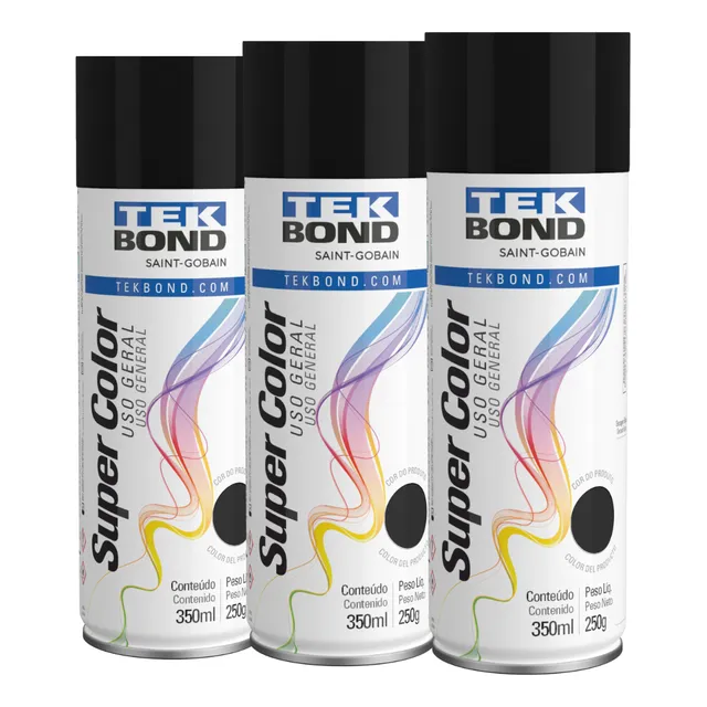 Kit Com 3 Tinta Spray Preto Brilhante Tekbond 350ml/250g