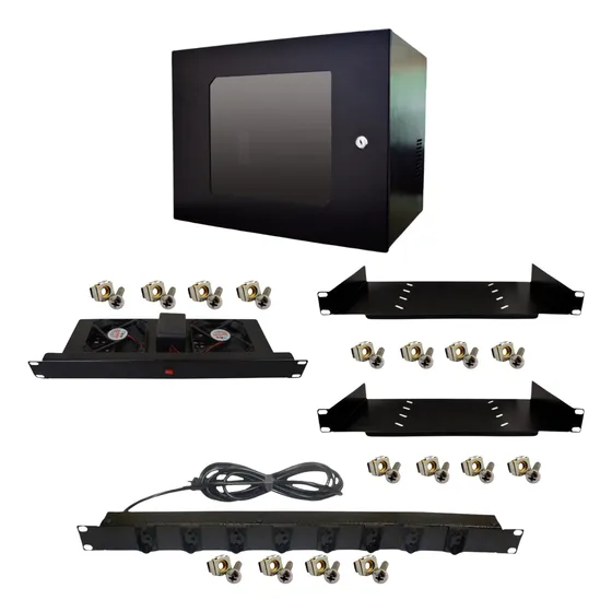 Mini Rack 19'' 8u Com 2 Band. 250 1 Régua 8t E 1 Kit Cooler