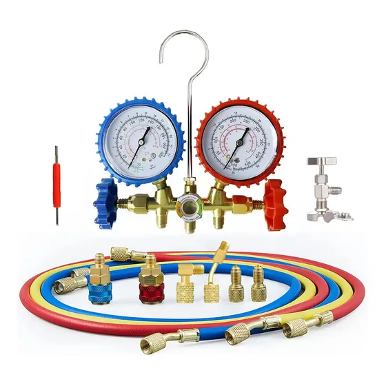 Yeabeey Juego Manómetros Refrigeración Manifold R134 R404 R410 R22 +8 Accesorios B4008 500 Psi Manómetro De Latón De Tres Vías Y Doble Efecto