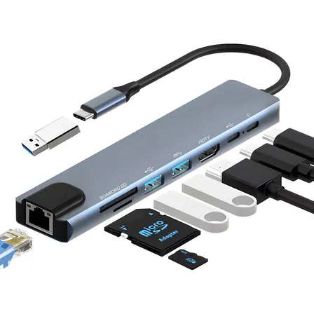 Adaptador Macbook Hub Usb C 3.0 8 Portas Hdmi Rj45 Sd 4k Prateado