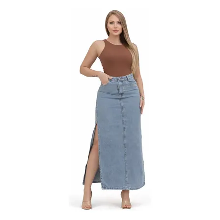 Saia Jeans Longa Midi Fem Cintura Alta Com Fenda Casual Azul-claro Listras 36
