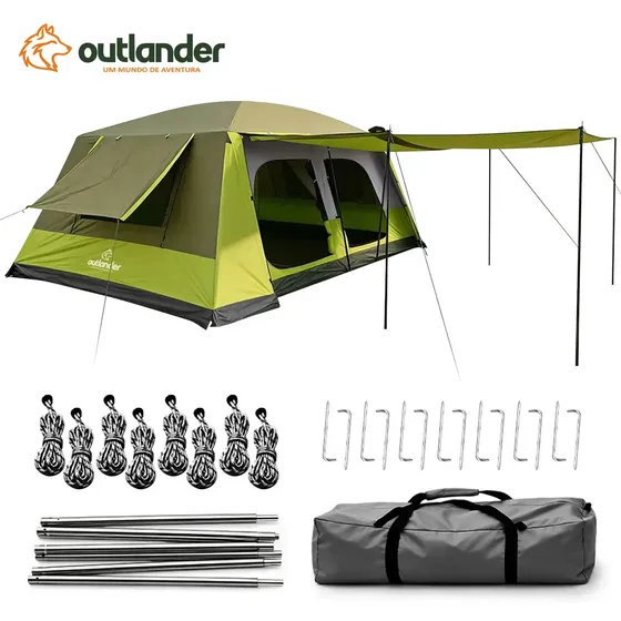 Barraca Camping Familiar 12-16 Pessoas 420x305x200cm 2 Quartos com Varanda Grande Outlander