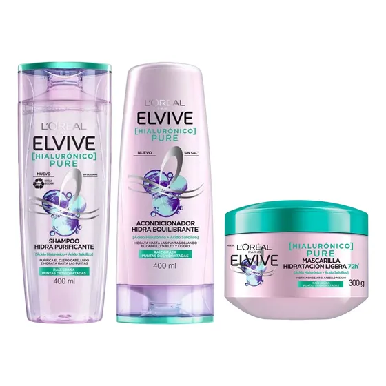 Combo Rutina Completa Loreal Elvive Hialuronico Pure 400 Ml