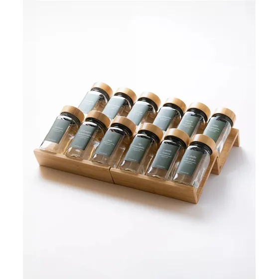 Set 12 Especieros Condimenteros Con Rack Cajón Bambú Cocina