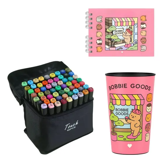 Kit Bobbi Good Capa Dura 50 Folhas  + Caneta Touch 60 Cores Canetinhas + Copo Bobbie