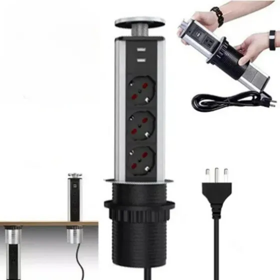 Enchufe Empotrado Oculto En Encimeras Tipo Torre Con 3 Tomas Tipo E, 2 Puertos De Carga Usb, Orificio De Montaje De 71 Mm, Interior