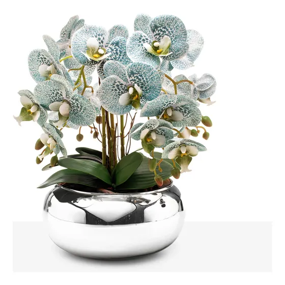 Arranjo De Mesa Orquídea Silicone Vaso Vidro Luxo Prateado Cor Azul