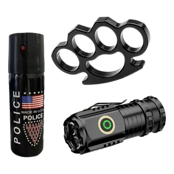 Kit Defensa Personal Linterna Antirrobo + Manopla + Gas 60cc