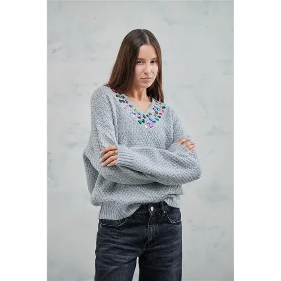 Sweater Luxe Escote V Con Piedras De Colores Gu81330 Arizona