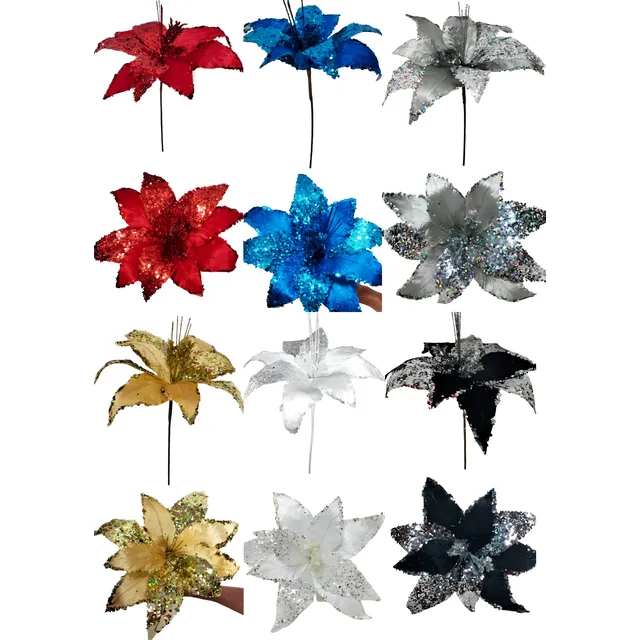 2 Flor De Nochebuena Grande De Terciopelo C Diamantina 30 Cm