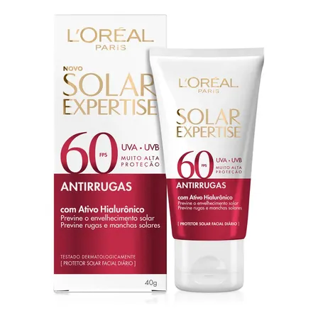 Protetor Solar Facial FPS 60 com Ativo Hialurônico que Previne Rugas, Manchas Solares, Hidrata e Tem Toque Seco, sem Perfume, Solar Expertise Antirrugas L'Oréal Paris 40g