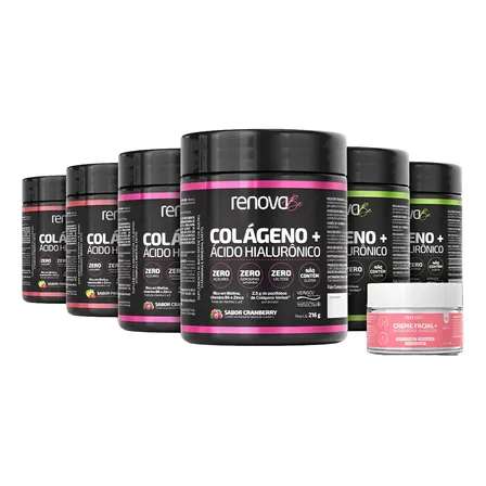 Kit 6x Colágeno + Ácido Hialurônico Renova Be Hidrolisado Verisol Zero Glúten E Lactose Vitaminas E C B6 Biotina Zinco 2 Cranberry - 2 Limão - 2 Pink Lemonade
