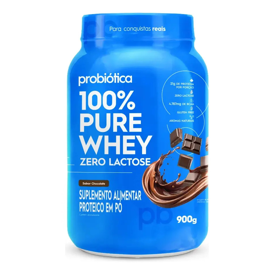 Whey Concentrado 900g 100% Pure Whey Zero Lactose Probiótica Whey Protein Chocolate Sem Lactose