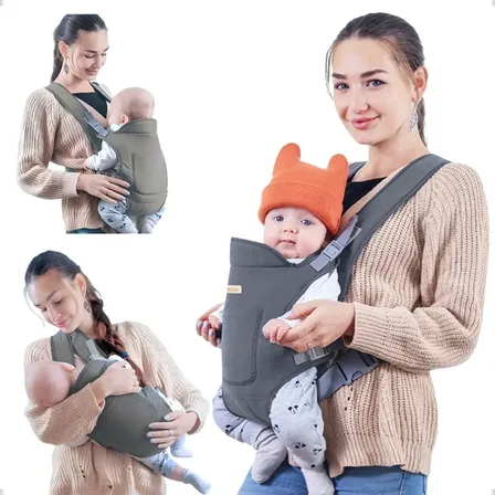 Canguru de Bebê Aiebao Ergonômico Cinza 4 Posições Com Bolsos Ajustável