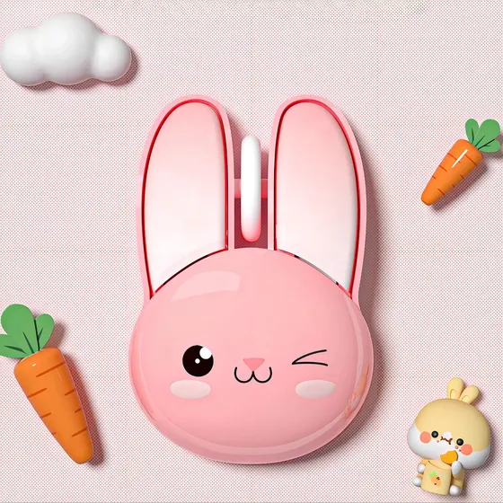 Mouse Inalámbrico Silencioso Conejo Adorable - Ergonomico, 5 Colores (Rosa/Azul), USB Plug & Play, Incluye Pilas + Stickers - Regalo para Oficina/Estudio