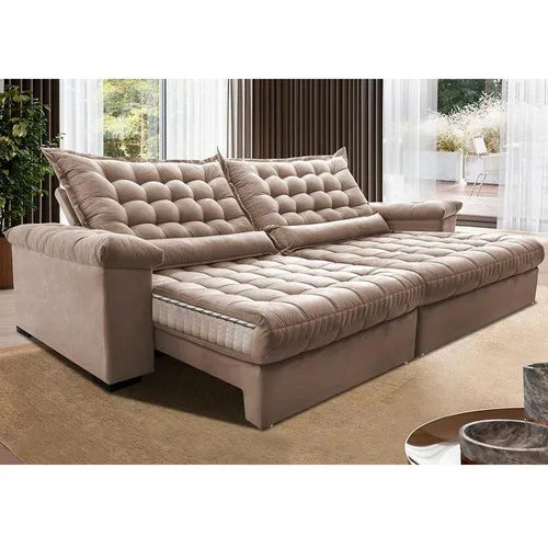 Sofá Retrátil e Reclinável 2,15m Molas Ensacadas Cama inBox Big Space com Bordado 3D Velusoft Bege