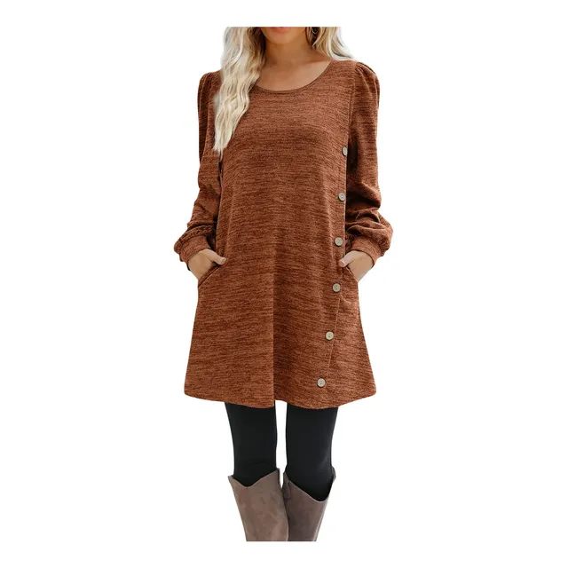 Vestido Tipo Tunica Casual Manga Larga Para Mujer Cuello