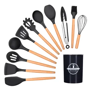 Kit 12 UtensĂlios De Cozinha Em Silicone Cabo De Madeira Cor Preto Kit 12 UtensĂlios De Cozinha Em Silicone Cabo De Madeira Cor Preto