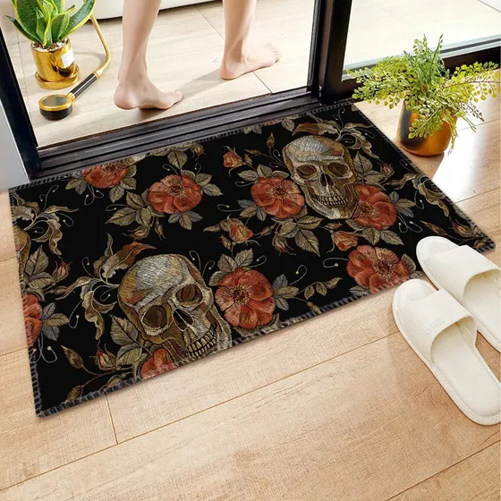 Alfombra Baño Tapete Antideslizante Rosa Calavera Negra 18 X