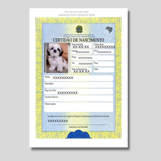 Certidão De Nascimento Pet Animal De Estimação Cachorro Gato