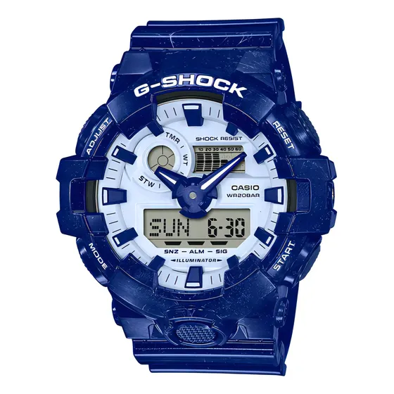 Reloj Casio G Shock Ga-700bwp-2 Origin Local Barrio Belgrano Color de la malla Azul Color del bisel Azul Color del fondo Blanco