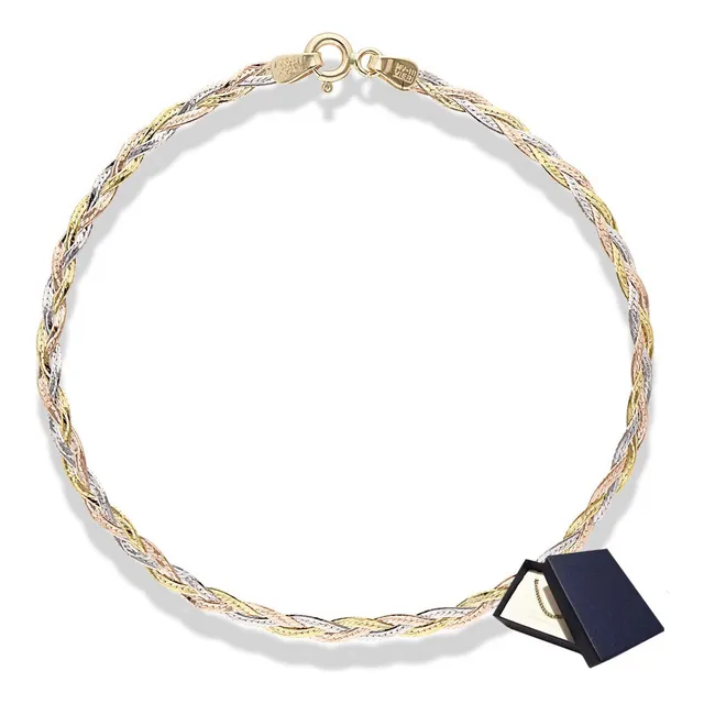 Pulsera Esclava Oro 10k Trenzada Florentina 18cm Italy Mujer Dama Oro Puro 10k 10 Kilates Oro 3 Oros Adulto Brazalete Oro Esclava Oro Regalo Novia Joyería Fina Italy Italiana 10k Oro Florentino