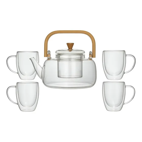 Set Tetera De Vidrio Con Infusor + 4 Tazas Doble Pared Térmi