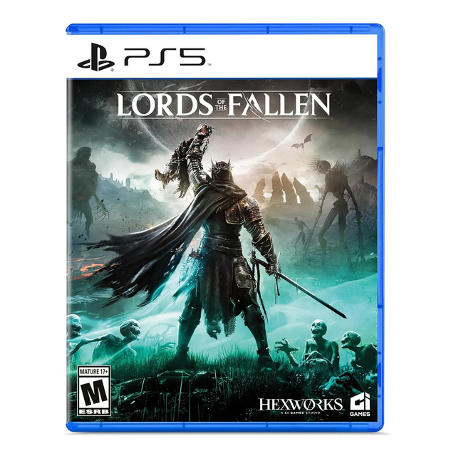 Capa do jogo Lords of the Fallen para PlayStation 5 com o protagonista empunhando uma arma em um cenário sombrio