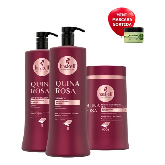 Kit Haskell Quina Rosa Shampoo Condicionador Mascara 1 Litro