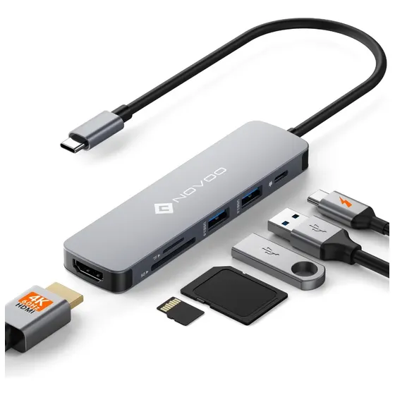 Hub USB C 6 em 1 NOVOO Dock Station Adaptador USB-C Multiportas com HDMI 4K, PD 100W, Leitor SD/TF e