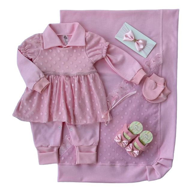 Saida De Maternidade Feminina Rosa Bebê De Bola Kit 6 Peças Saida De Maternidade Feminina Rosa Bebê De Bola Kit 6 Peças