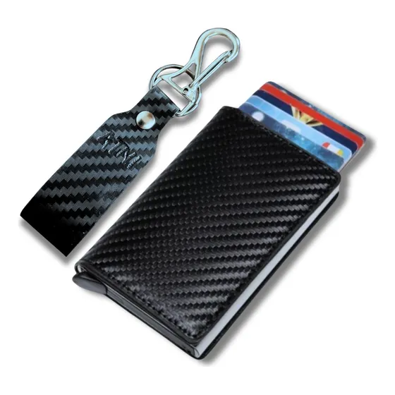 Wallet Proteção RFID Wallet carteira porta carto automatica couro desenho do tecido liso cor negro com chaveiro