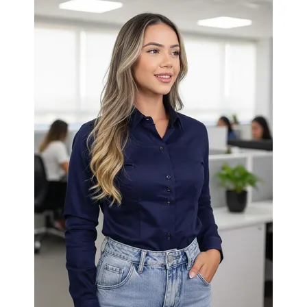 Camisa Feminina Social Manga Longa Secretária Elastano Luxo Azul-marinho G