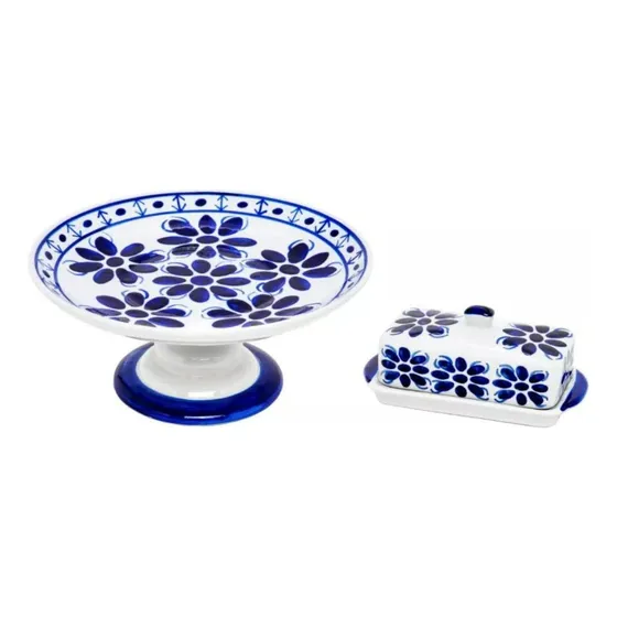 Kit Prato Bolo 27 Cm E Manteigueira Retangular De Porcelana