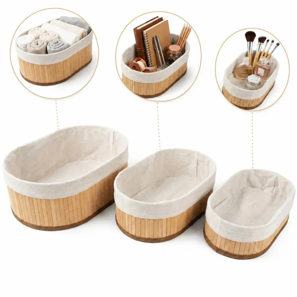 Kit Com 3 Organizadores De Bambu Ovais Yikasa