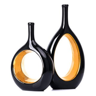 Jarrón Negro Y Dorado, Juego De 2 Jarrones De Cerámica De Y Jarrón Negro Y Dorado, Juego De 2 Jarrones De Cerámica De Y
