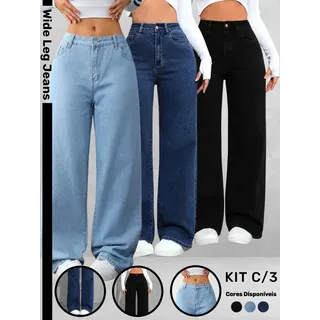 Kit 3 Calças Wide Leg Jeans Pantalona Cintura Alta Premium